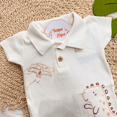 Macacão Manga Curta Gola Polo Dinos Baby - Off White